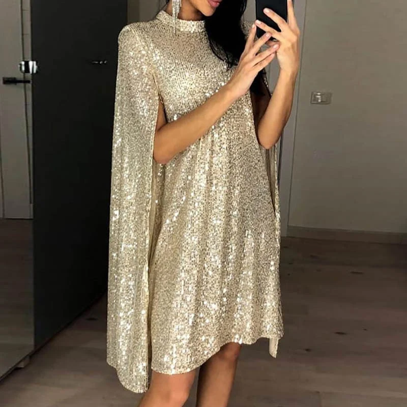 Damen Pailletten-Kleid mit funkelndem Cape-Design und elegantem Schnitt
