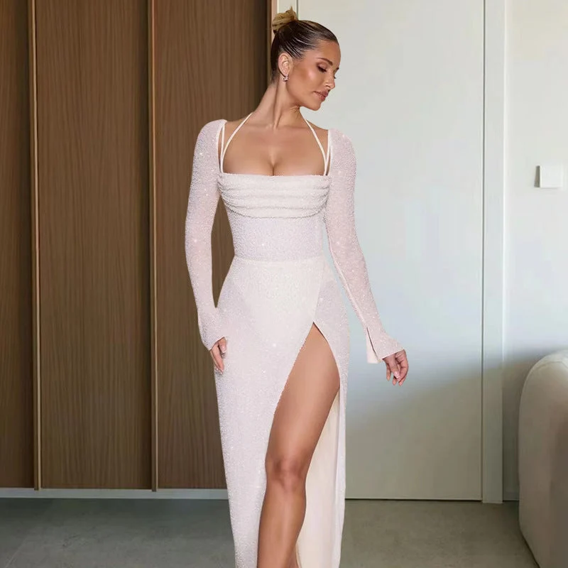 Damen Glamouröses Maxikleid mit schimmernden Details und seitlichem Schlitz Nord Taschen