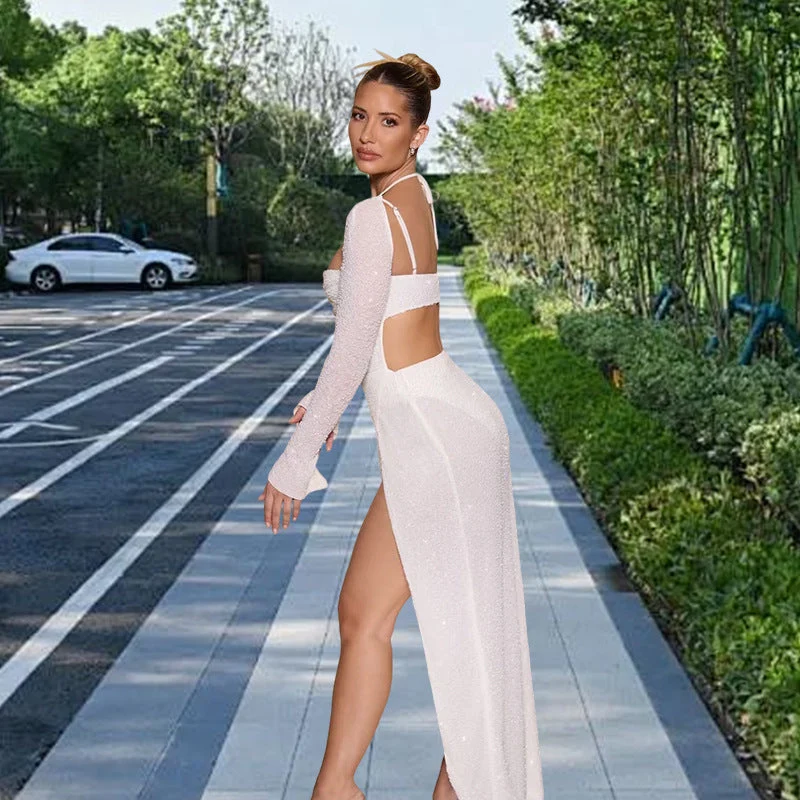 Damen Glamouröses Maxikleid mit schimmernden Details und seitlichem Schlitz Nord Taschen