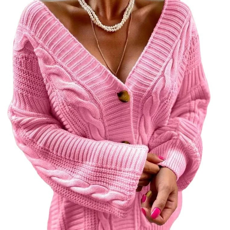 Damen Strickjacke mit tiefem V-Ausschnitt und einzigartigem Zopfdesign