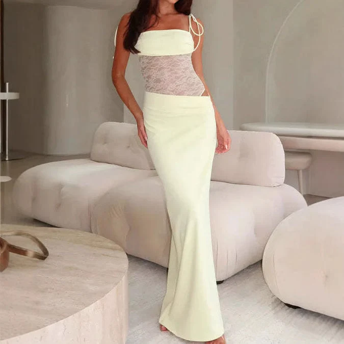 Damen nan Bandeau-Maxikleid mit transparentem Spitzenkorsett und knotbaren Spaghettiträgern