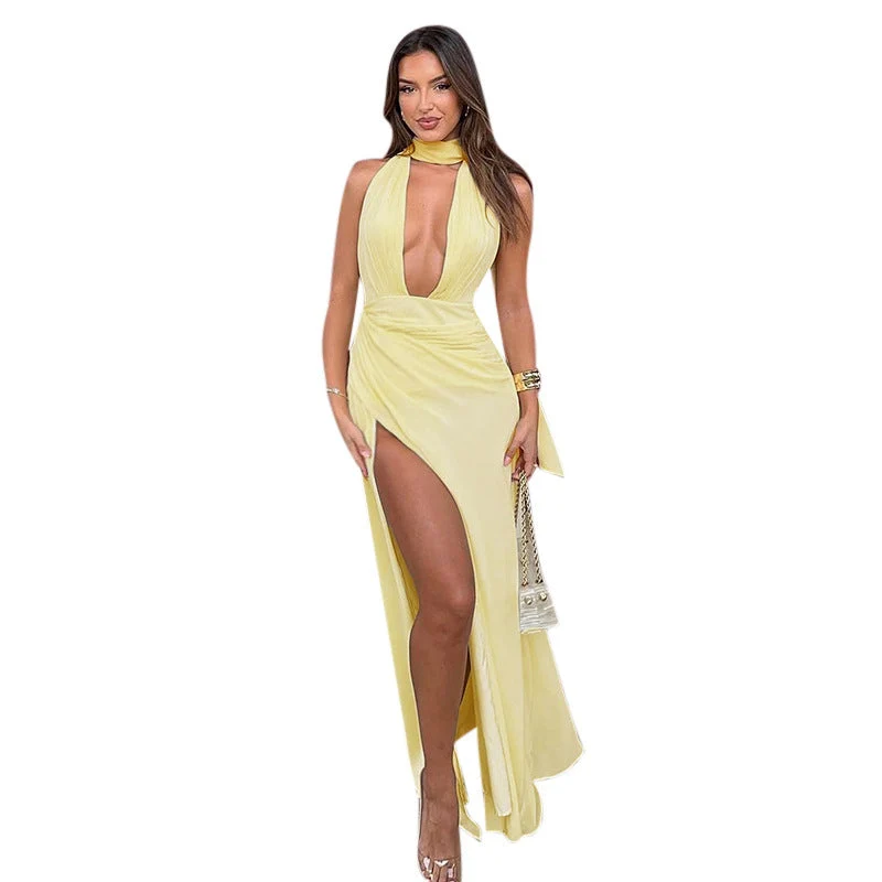 Damen Elegantes Maxikleid mit tiefem V-Ausschnitt und hohem Schlitz