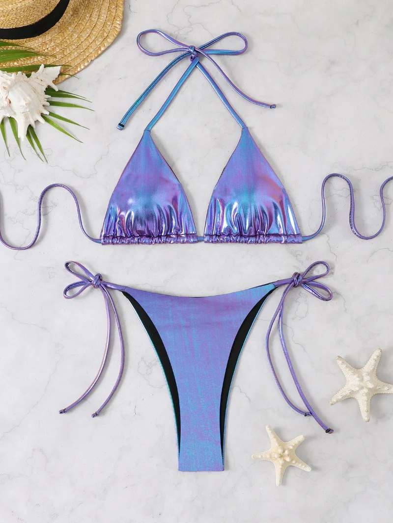 Damen Glänzendes Triangel-Bikini-Set mit verstellbaren Bändern