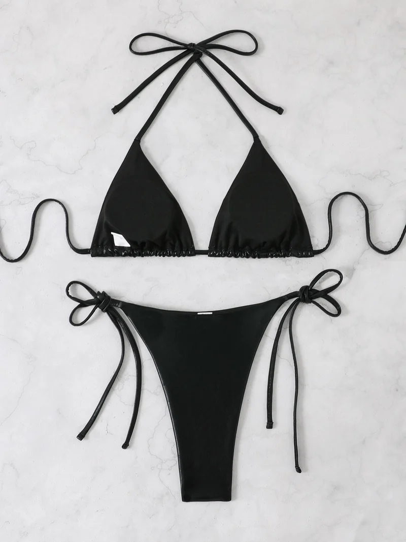 Damen Glänzendes Triangel-Bikini-Set mit verstellbaren Bändern