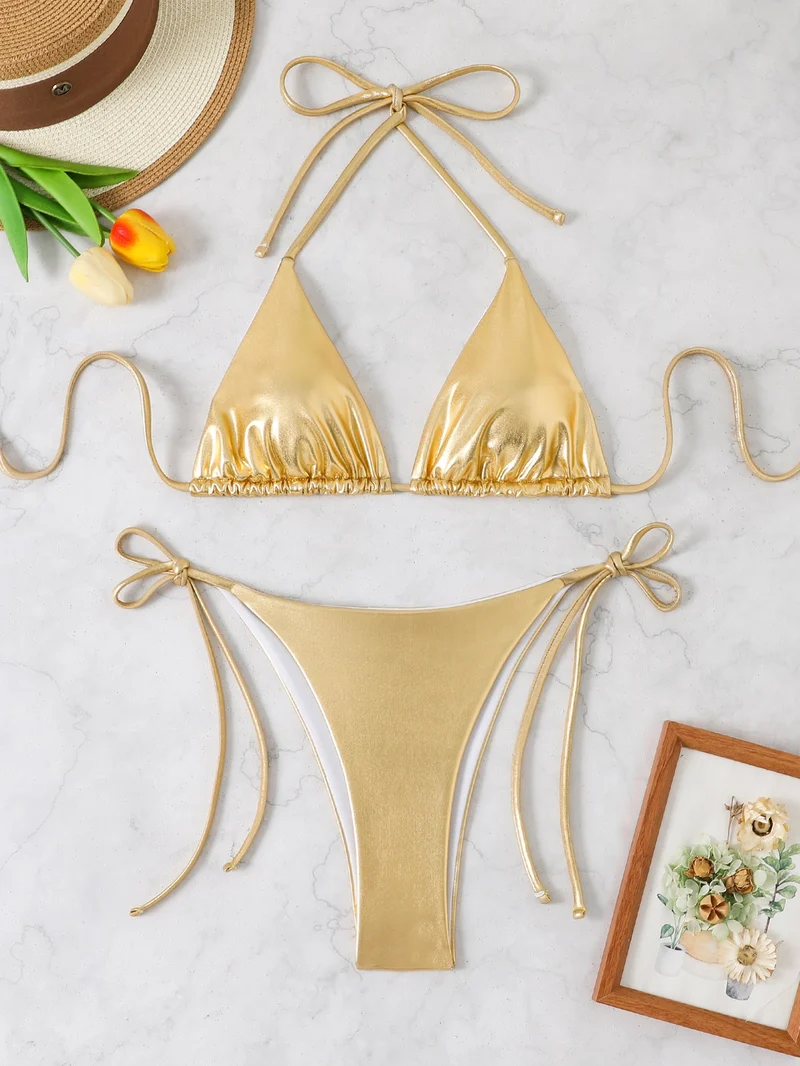 Damen Glänzendes Triangel-Bikini-Set mit verstellbaren Bändern