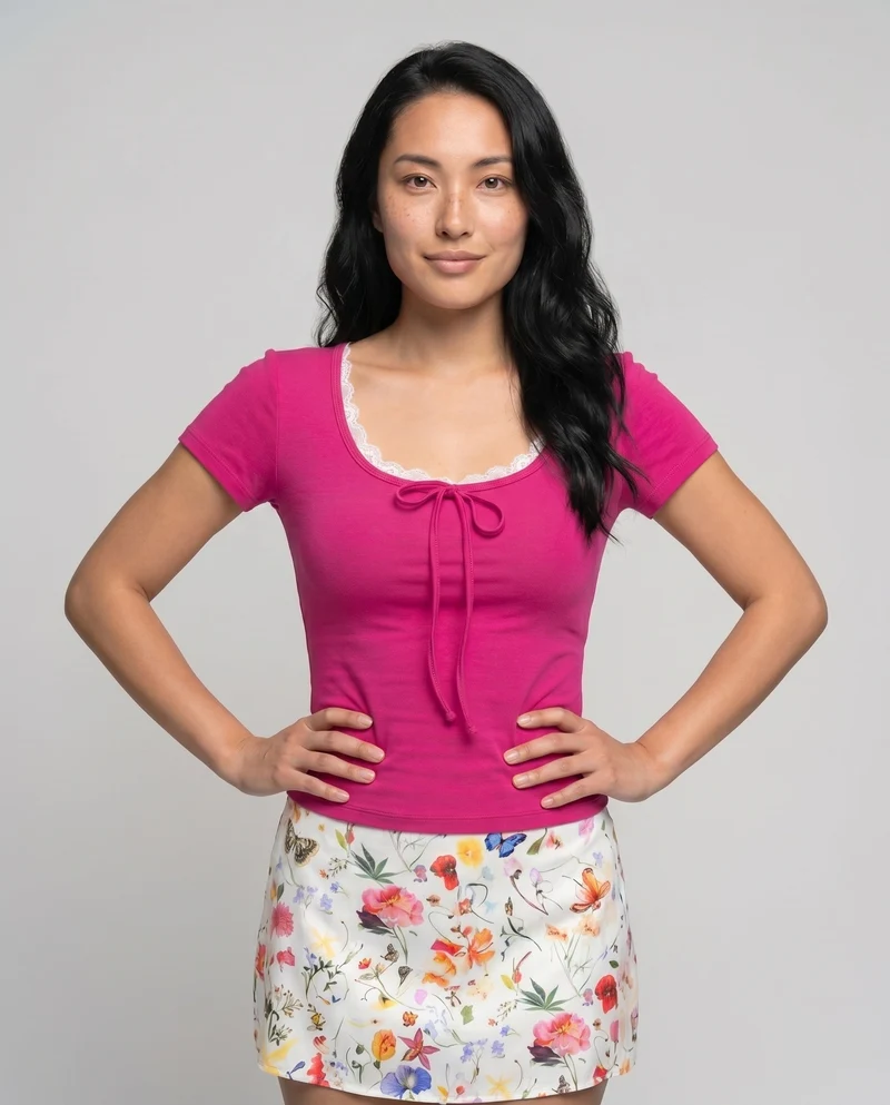 Damen Figurbetontes Kurzarmshirt mit dekorativem Schnürdetail