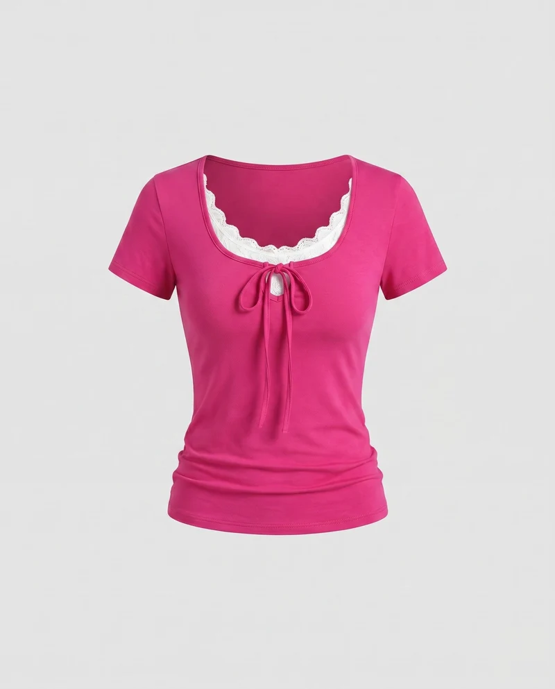 Damen Figurbetontes Kurzarmshirt mit dekorativem Schnürdetail