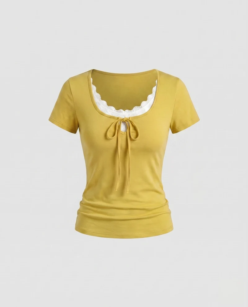 Damen Figurbetontes Kurzarmshirt mit dekorativem Schnürdetail