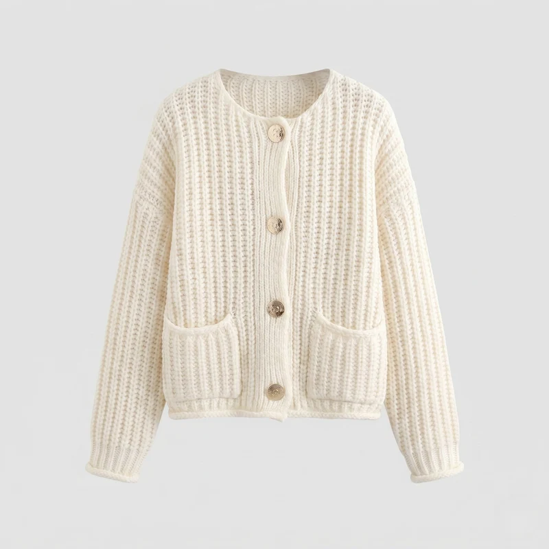 Damen Strickjacke mit großen Knit-Mustern und Taschen