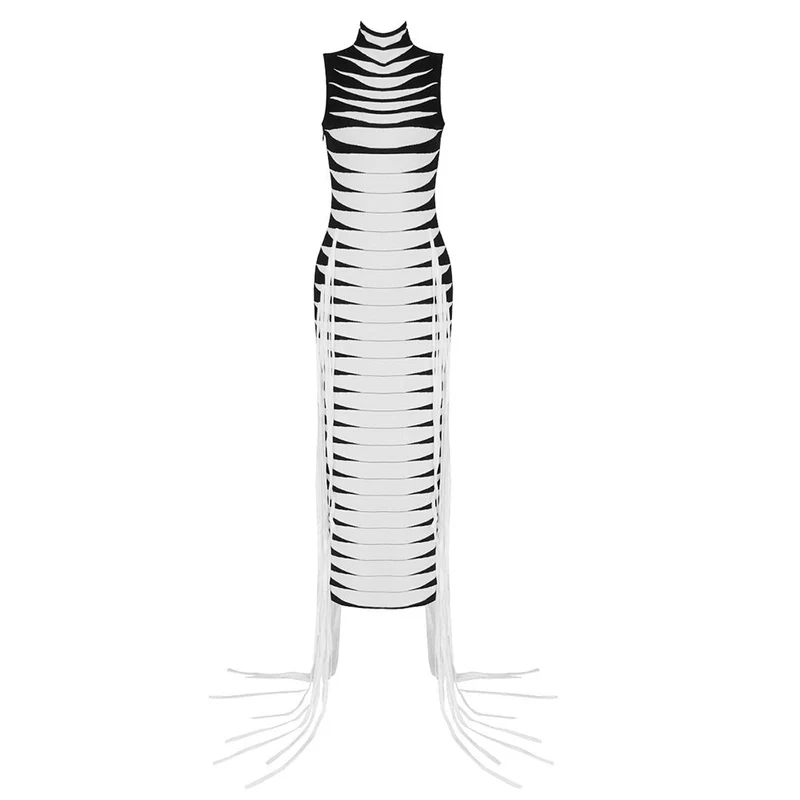 Damen körperbetontes Maxikleid mit Fransen und grafischem Design