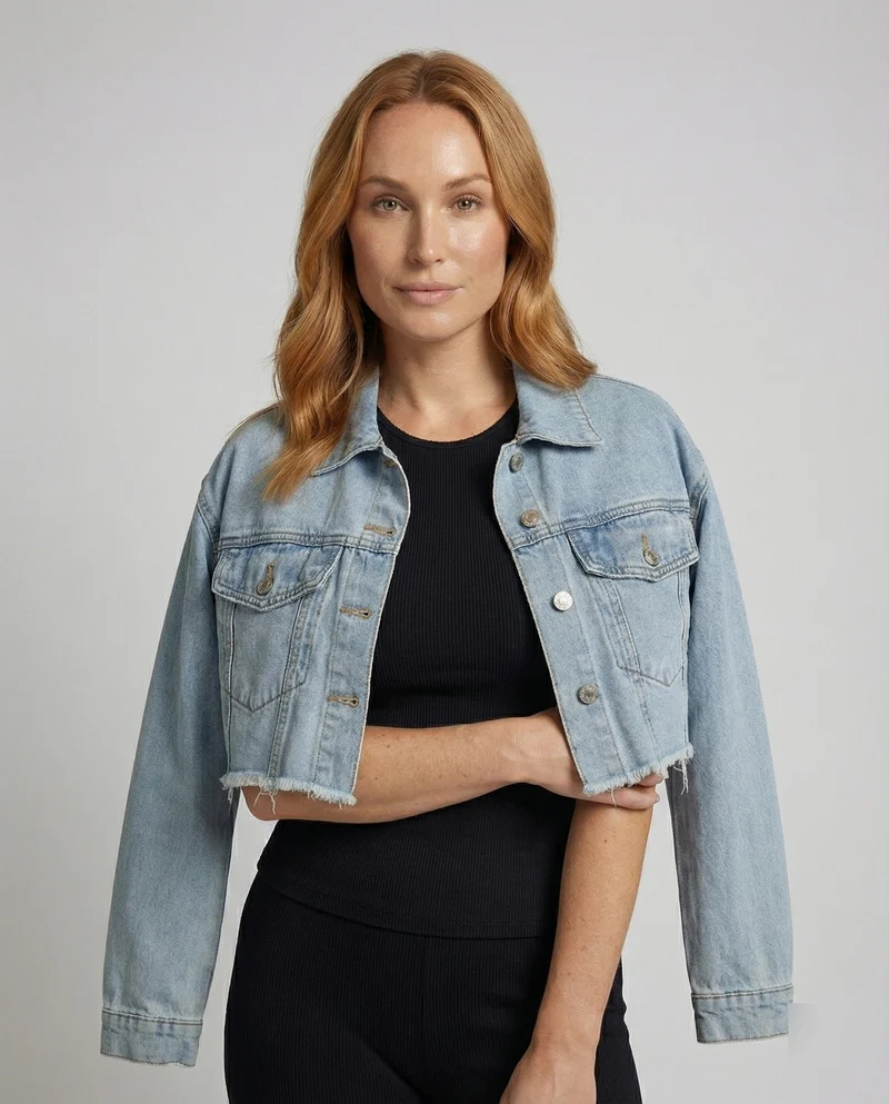 Damen Truckerjacke Denim Verkürzt Fransen