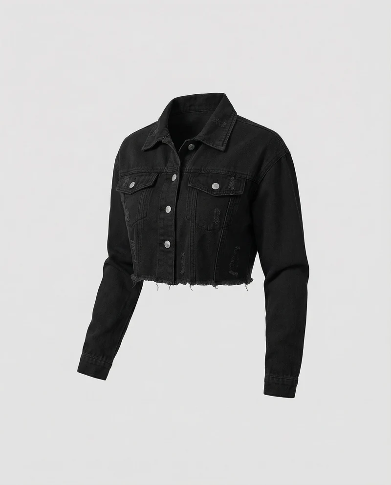 Damen Truckerjacke Denim Verkürzt Fransen
