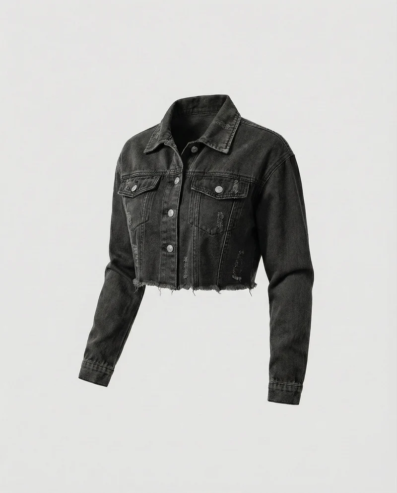 Damen Truckerjacke Denim Verkürzt Fransen