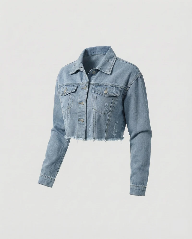Damen Truckerjacke Denim Verkürzt Fransen
