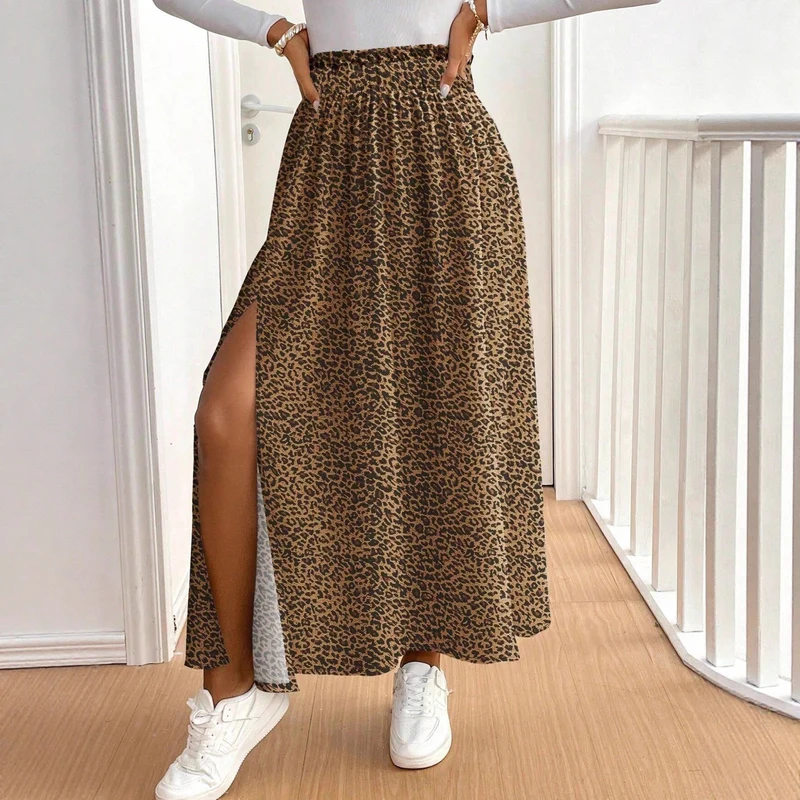 Damen Maxirock mit hohem Schlitz und Leopardendruck Nord Taschen