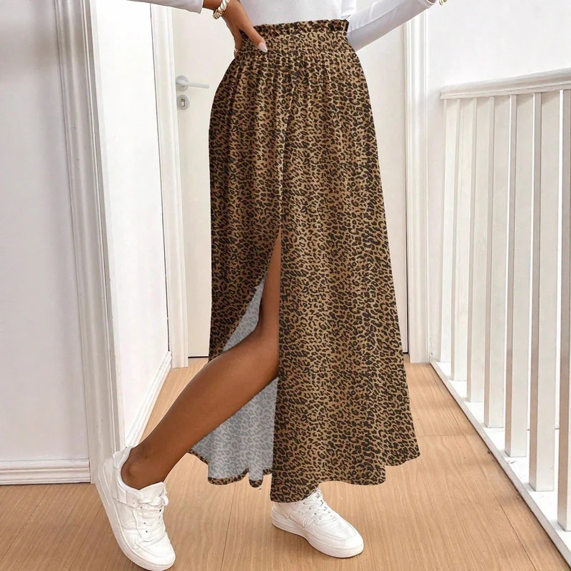 Damen Maxirock mit hohem Schlitz und Leopardendruck Nord Taschen