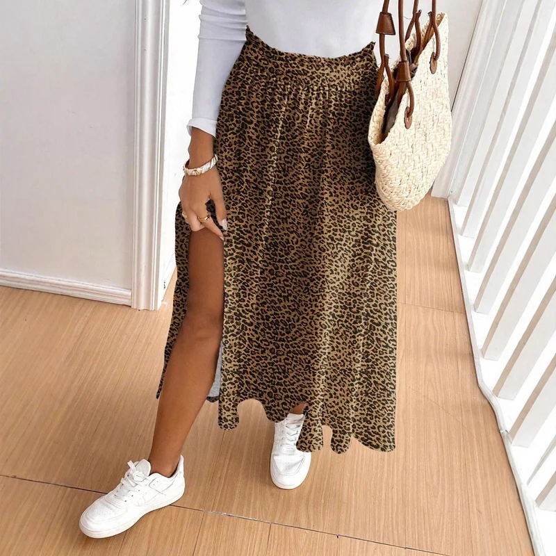 Damen Maxirock mit hohem Schlitz und Leopardendruck Nord Taschen