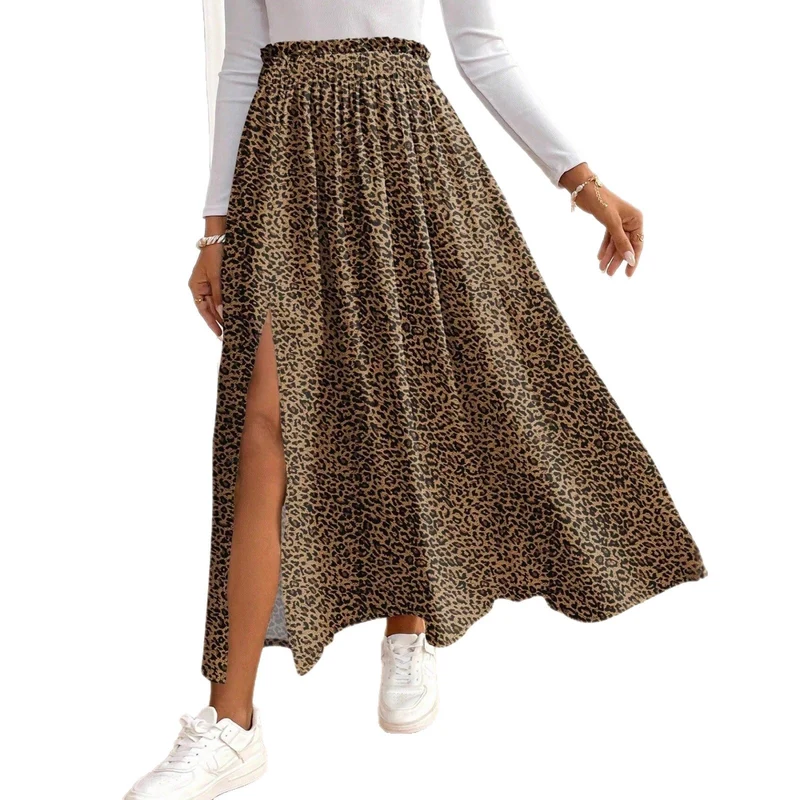 Damen Maxirock mit hohem Schlitz und Leopardendruck Nord Taschen