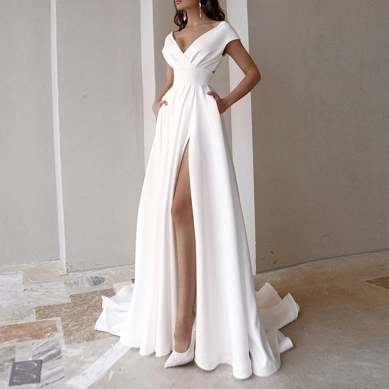 Damen elegantes Maxikleid mit tiefem V-Ausschnitt und seitlichem Schlitz