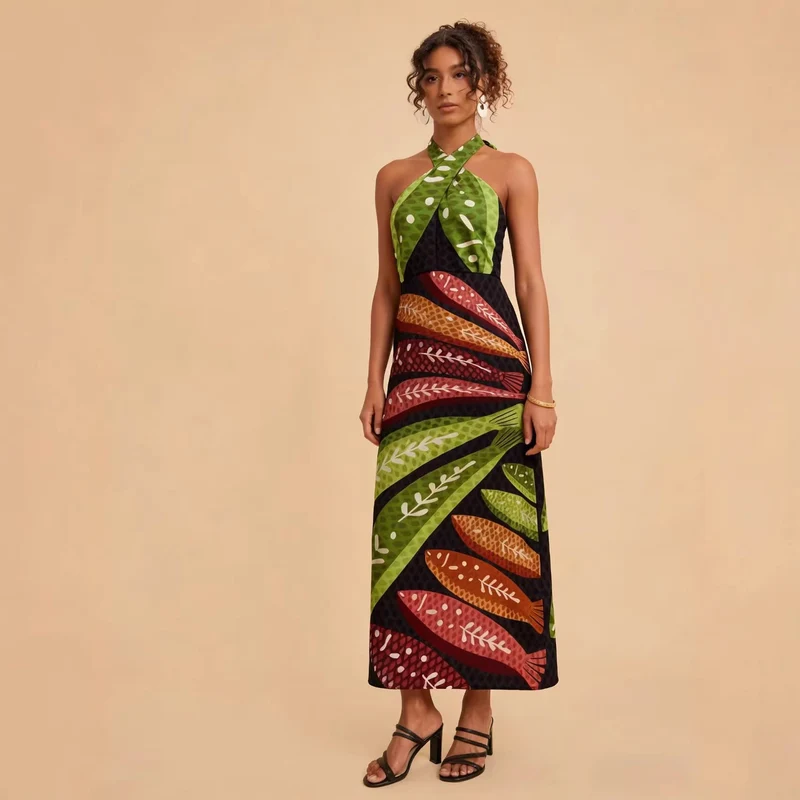 Damen Halterneck Maxikleid mit buntem Blattdesign und schwingendem Schnitt Nord Taschen
