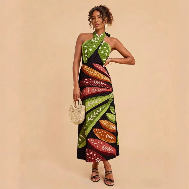Damen Halterneck Maxikleid mit buntem Blattdesign und schwingendem Schnitt Nord Taschen