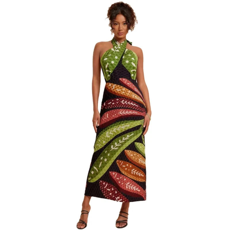 Damen Halterneck Maxikleid mit buntem Blattdesign und schwingendem Schnitt Nord Taschen
