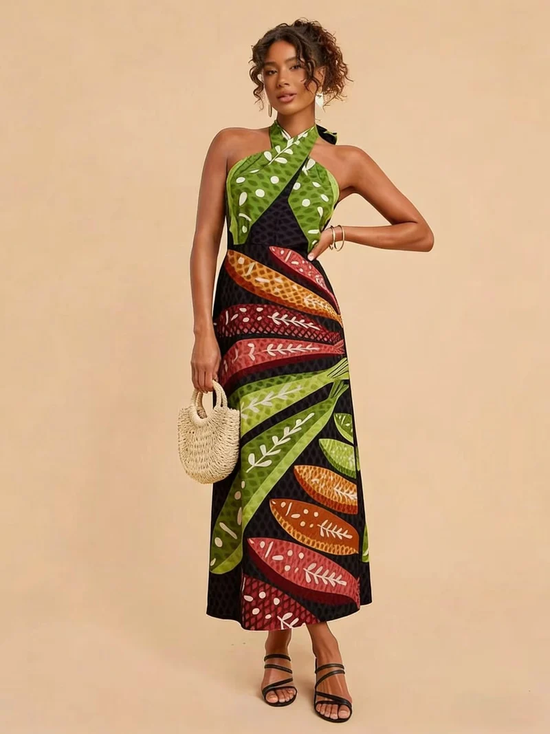 Damen Halterneck Maxikleid mit buntem Blattdesign und schwingendem Schnitt Nord Taschen