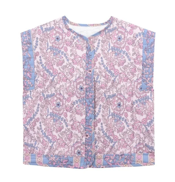 Damen Gesteppte Weste mit Floralem Design und Praktischen Taschen