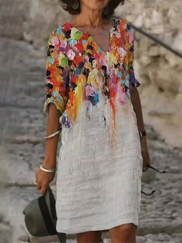 Damenkleid aus Baumwolle,mit Ausschnitt und Druck Ölgemälde