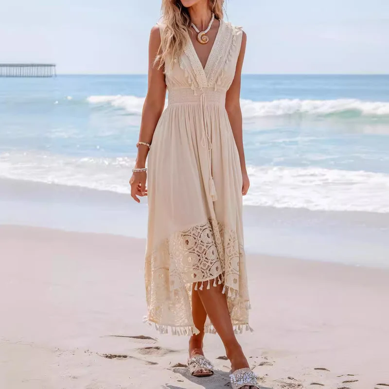 Damen Bohemian Maxikleid mit Spitzen- und Rüschendetails Nord Taschen