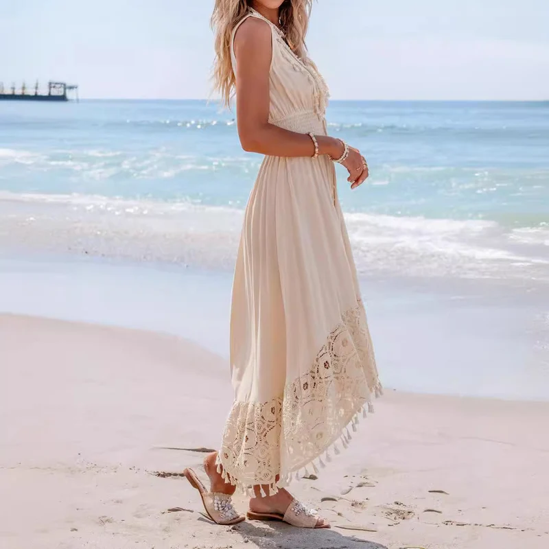 Damen Bohemian Maxikleid mit Spitzen- und Rüschendetails Nord Taschen