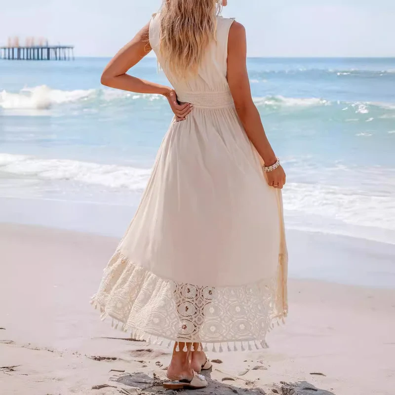 Damen Bohemian Maxikleid mit Spitzen- und Rüschendetails Nord Taschen