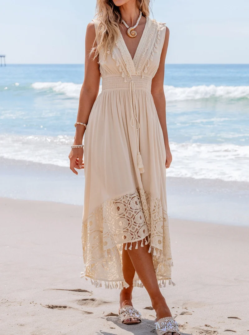 Damen Bohemian Maxikleid mit Spitzen- und Rüschendetails Nord Taschen