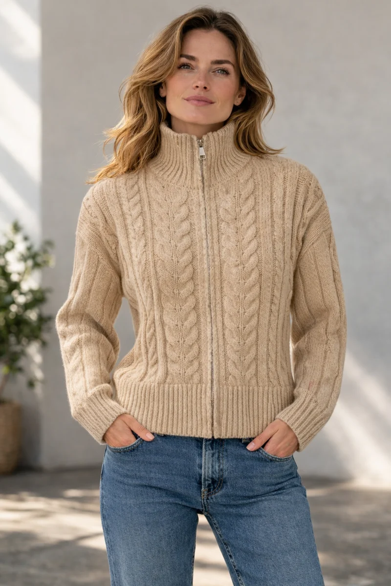 Strickjacke Damen mit Reißverschluss und hohem Kragen – Rippstrick Cardigan