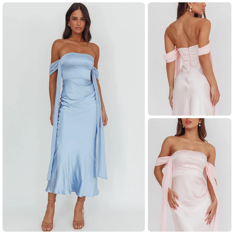 Damen Abendkleid mit schulterfreiem Design und fließendem SatinNord Taschen