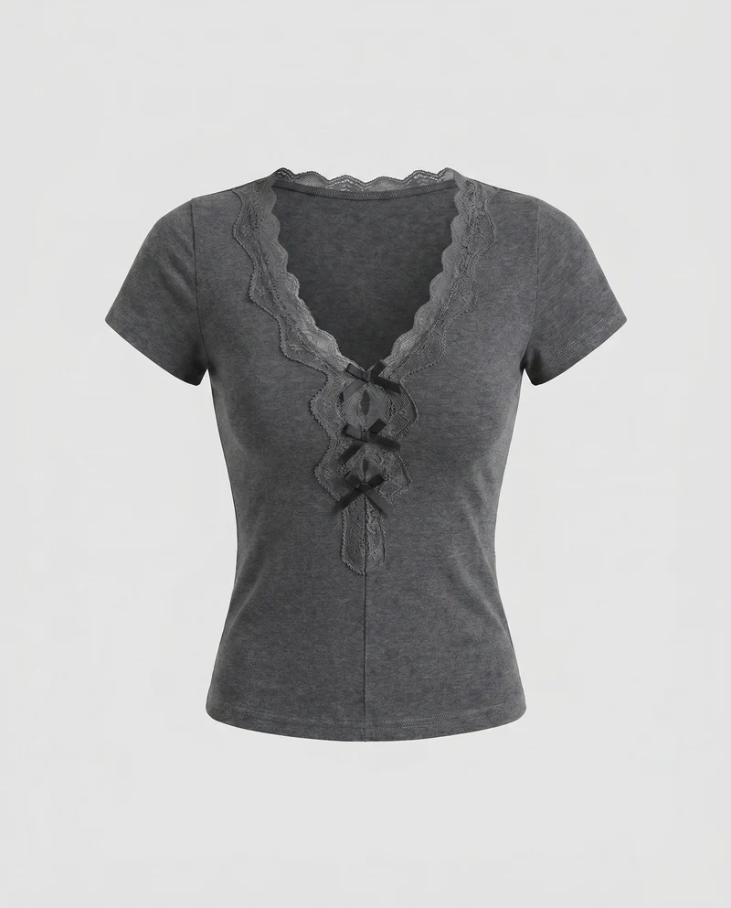 Damen figurbetontes V-Ausschnitt T-Shirt mit Spitzenakzenten
