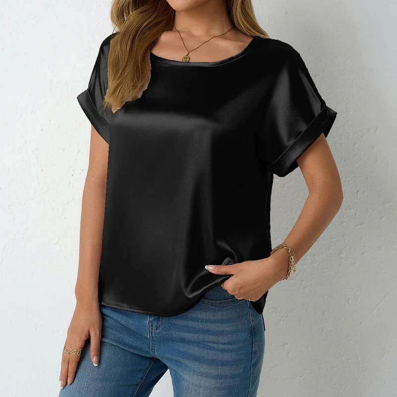 Damen Satin-Oberteil mit umgeschlagenen Ärmeln