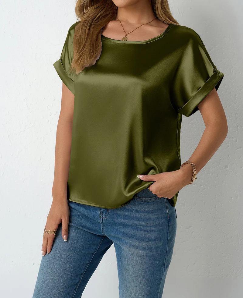 Damen Satin-Oberteil mit umgeschlagenen Ärmeln