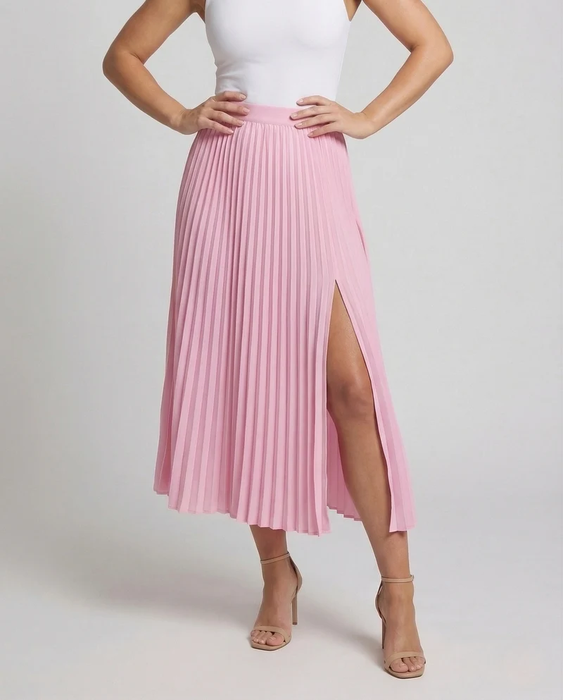 Damen Midirock Plissee Seitenschlitz Elastischer Bund