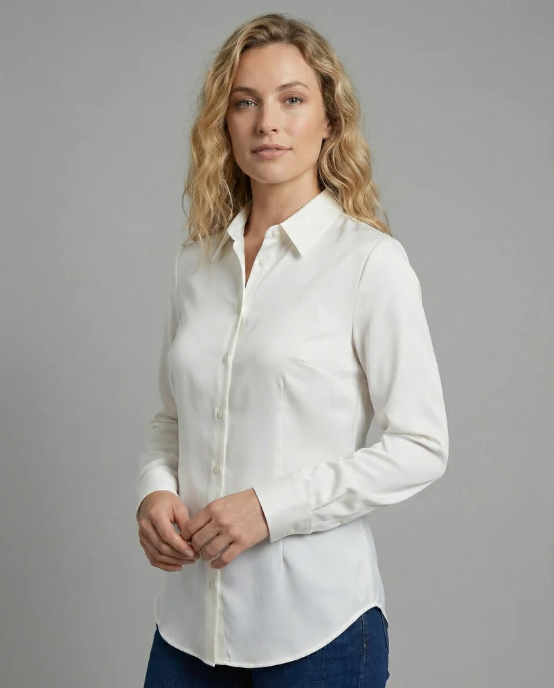 Damen nan fließende Satin-Hemdbluse mit Hemdkragen Brustabnähern und abgerundetem Saum