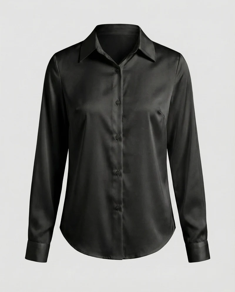 Damen nan fließende Satin-Hemdbluse mit Hemdkragen Brustabnähern und abgerundetem Saum