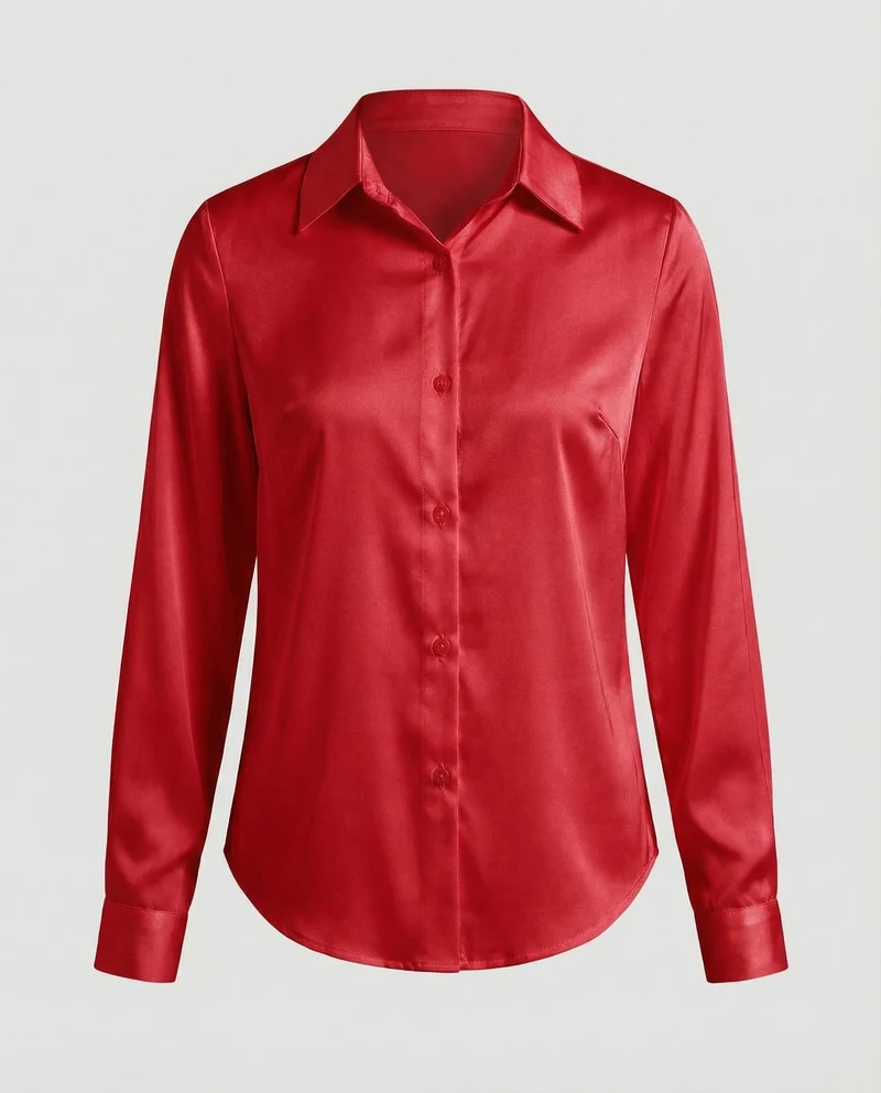 Damen nan fließende Satin-Hemdbluse mit Hemdkragen Brustabnähern und abgerundetem Saum