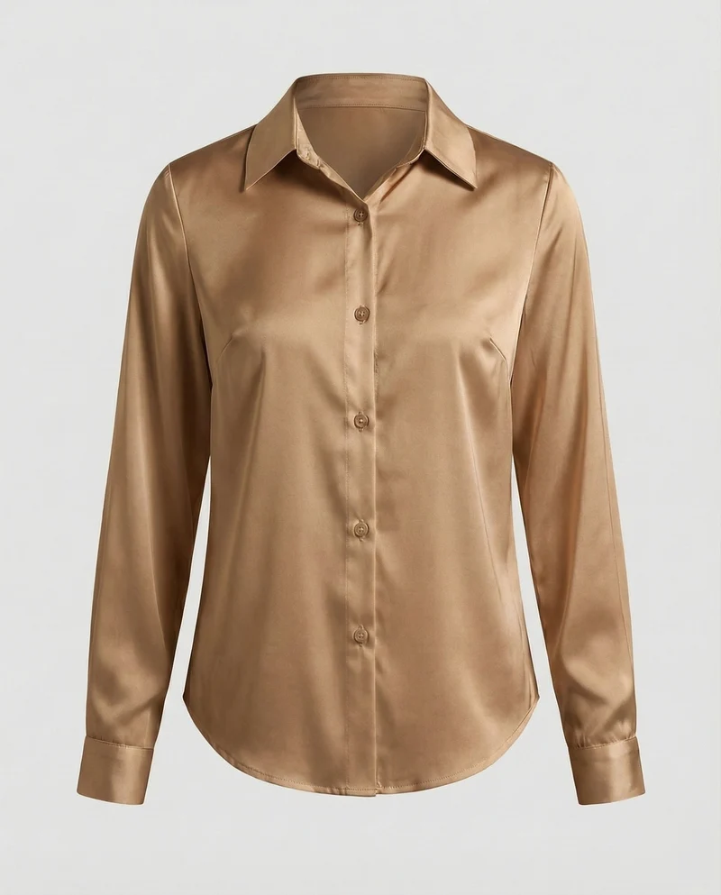 Damen nan fließende Satin-Hemdbluse mit Hemdkragen Brustabnähern und abgerundetem Saum