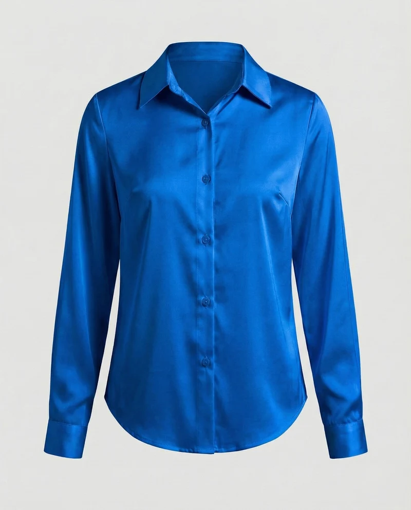 Damen nan fließende Satin-Hemdbluse mit Hemdkragen Brustabnähern und abgerundetem Saum