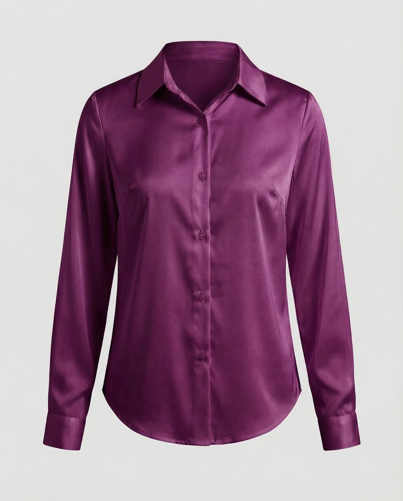 Damen nan fließende Satin-Hemdbluse mit Hemdkragen Brustabnähern und abgerundetem Saum