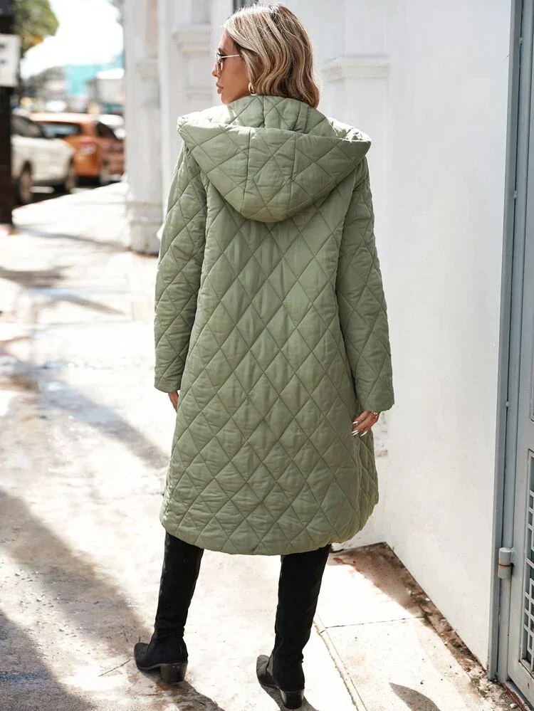 Kapuzen-Daunenjacke für Damen - lange gep quiltete Jacke