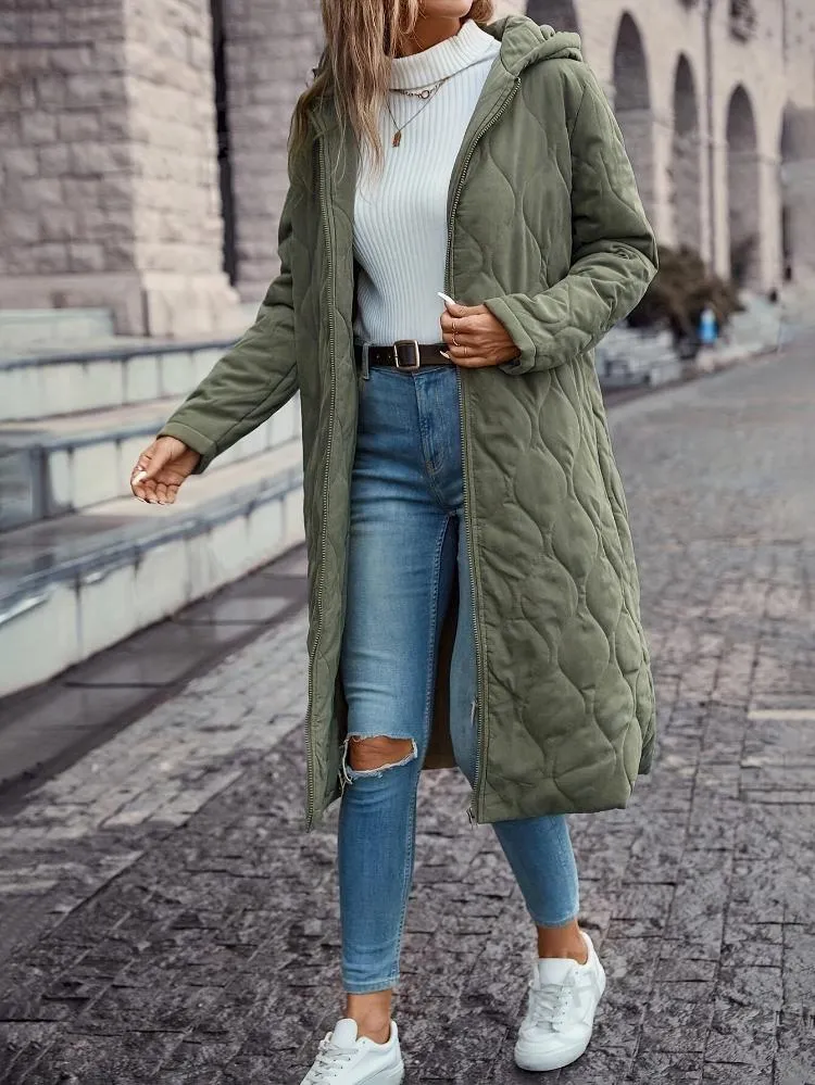 Kapuzen-Daunenjacke für Damen - lange gep quiltete Jacke