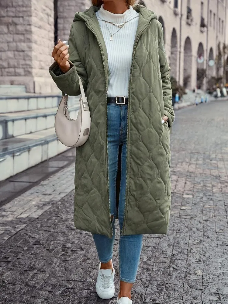 Kapuzen-Daunenjacke für Damen - lange gep quiltete Jacke
