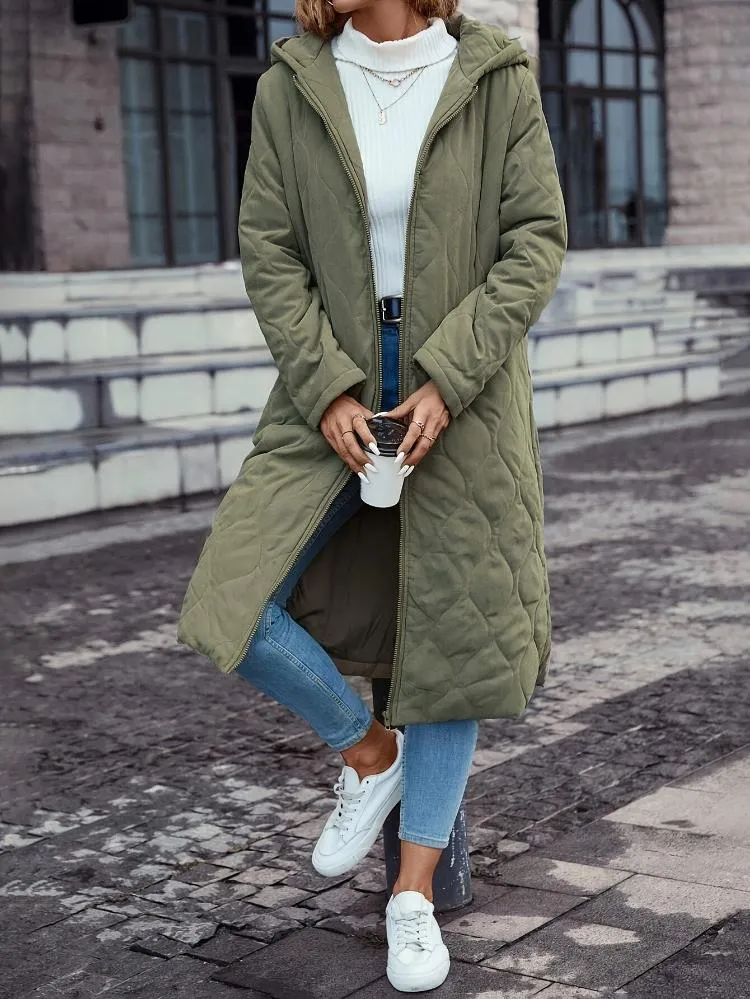 Kapuzen-Daunenjacke für Damen - lange gep quiltete Jacke