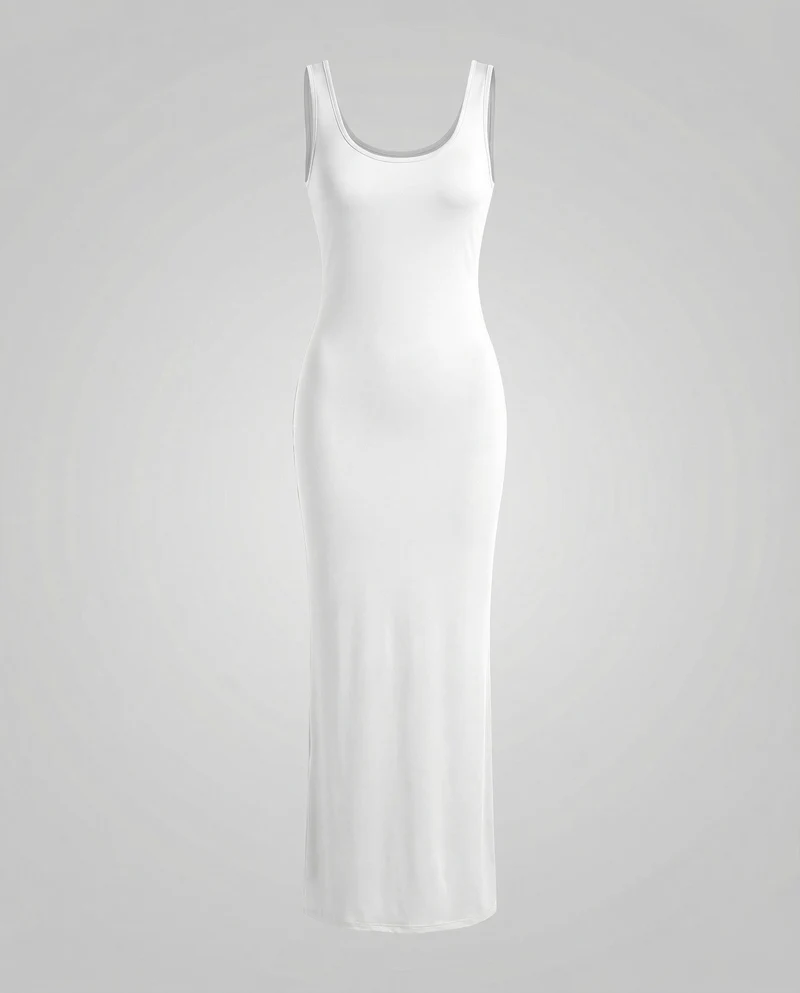 Damen nan langes figurformendes Maxikleid mit tiefem Rundhalsausschnitt ärmelloser Silhouette und taillierendem Stretchmaterial Nord Taschen